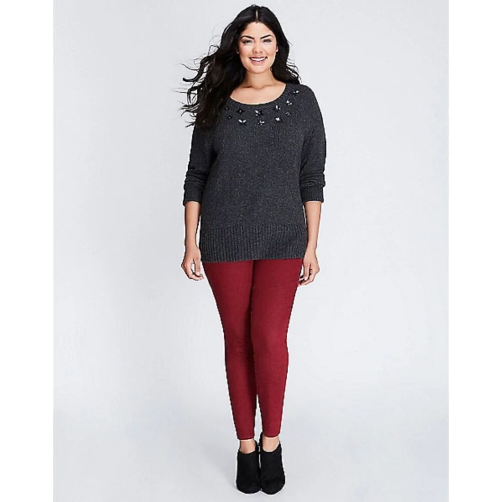 Lane Bryant Jeweled Floral Sweater 26/28 Charcoal Gray Wool Blend Plus Size